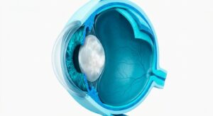 백내장으로 인해 혼탁해진 수정체와 빛의 굴절 변화를 보여주는 3D 의학 일러스트