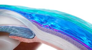 안구건조증의 복합적인 원인을 설명하는 3D 안구 구조 일러스트